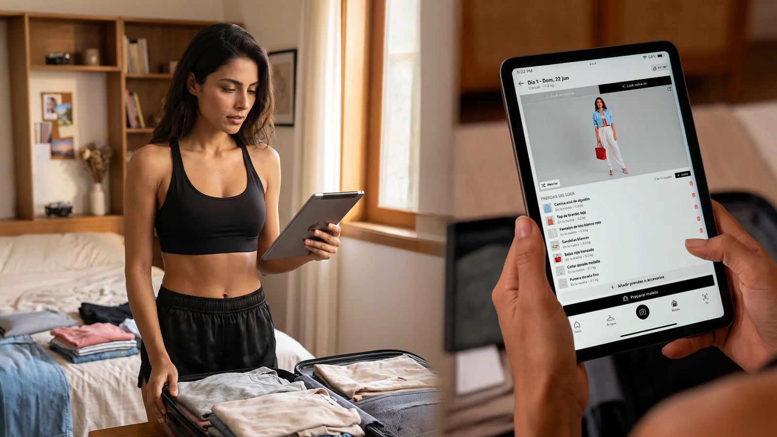 Mujer preparando la maleta con una tablet que muestra la maleta generada automáticamente por la app de armario digital PORTE, con los looks de cada día
